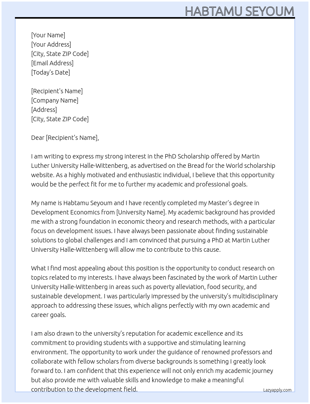 PhD Scholarship At Martin Luther University Halle-Wittenberg Cover Letter