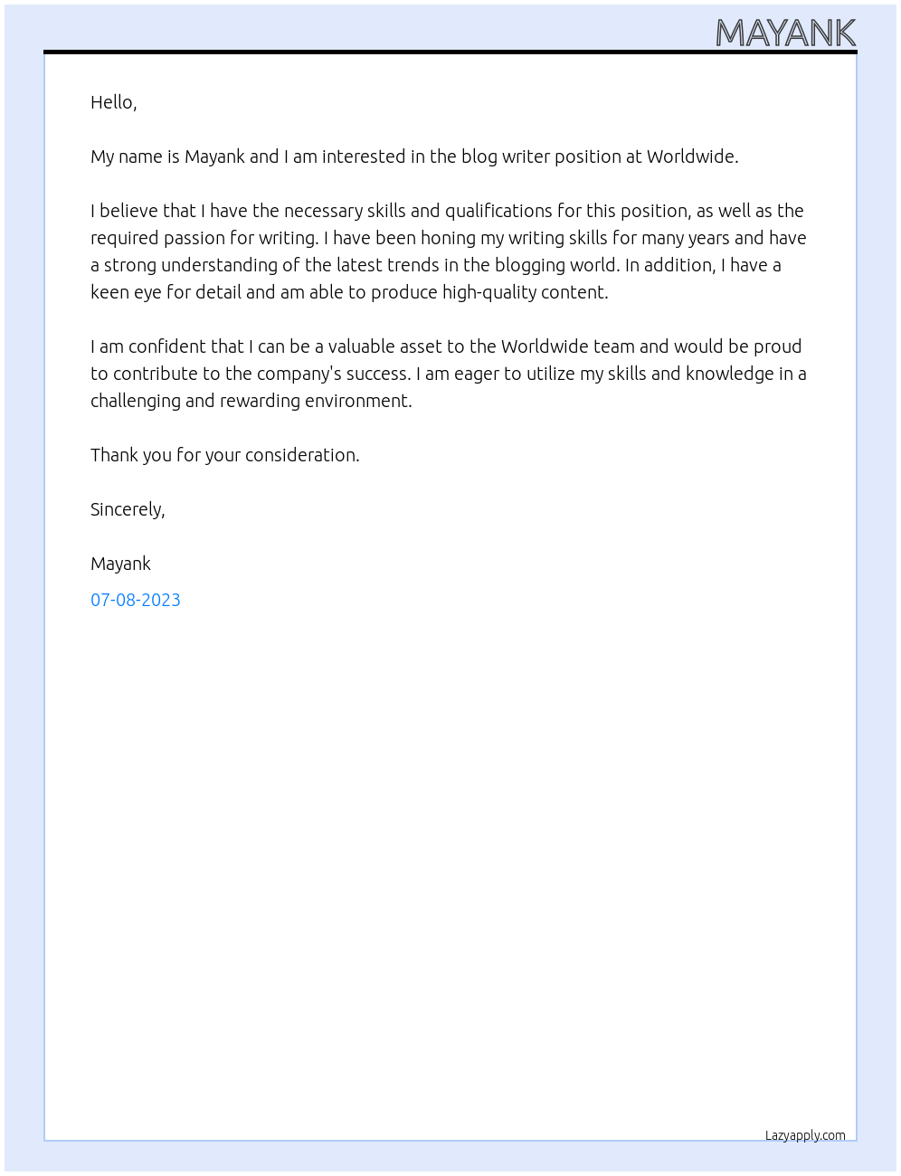 Cover letter for blog writer - LazyApply