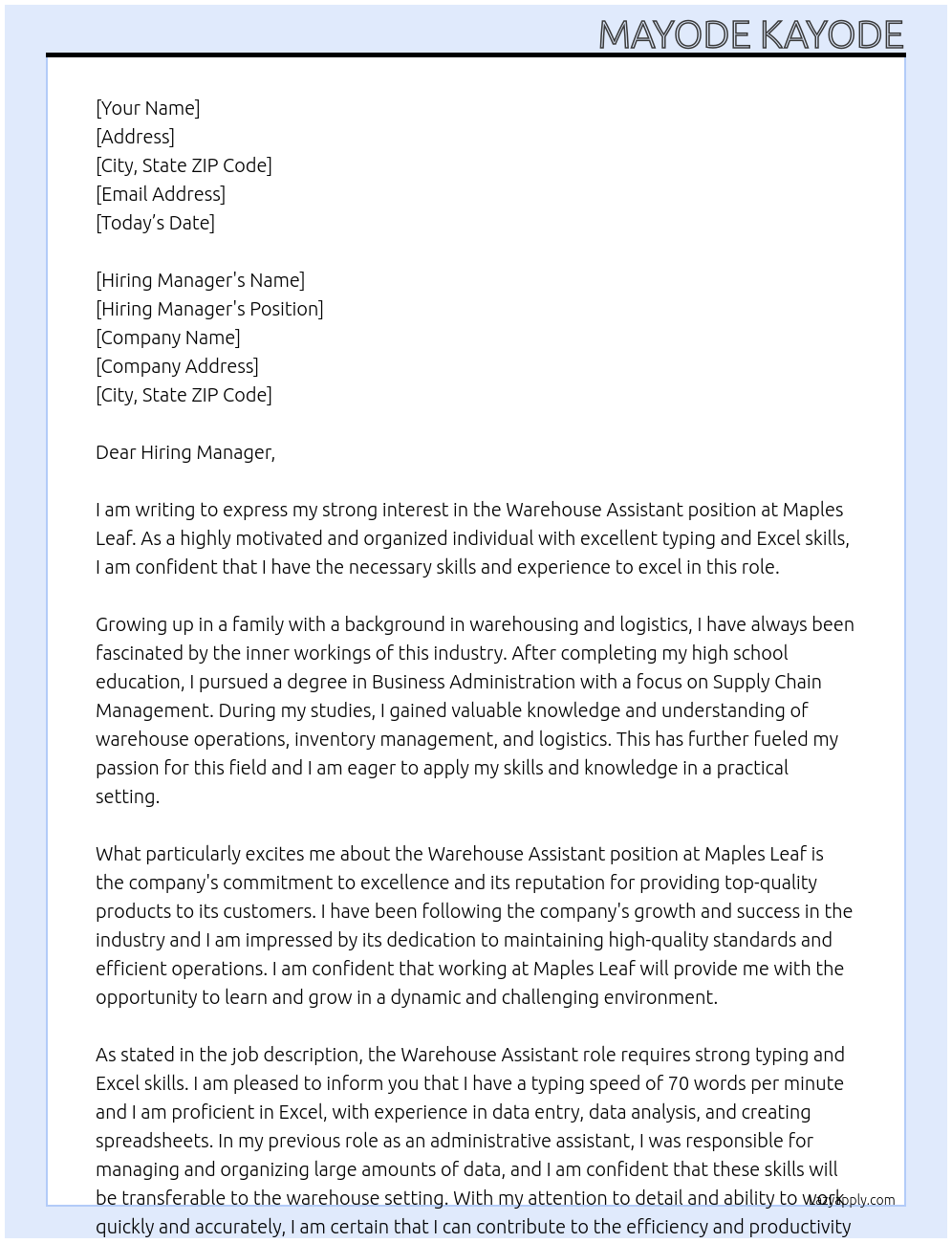 Warehouse Assistant  At Maples Leaf  Cover Letter