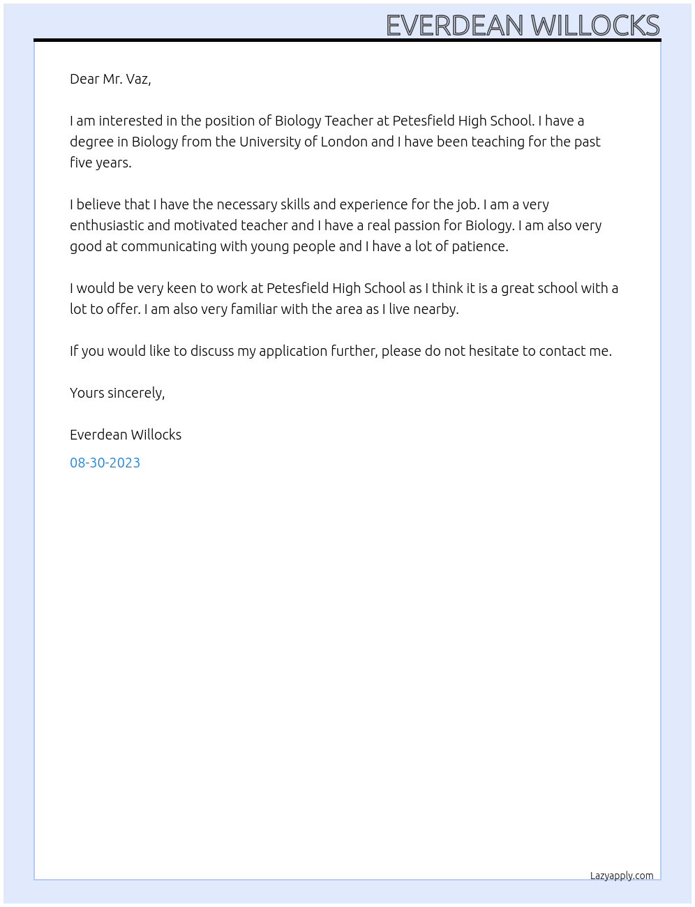 Biology Teacher At Petesfield High School Cover Letter