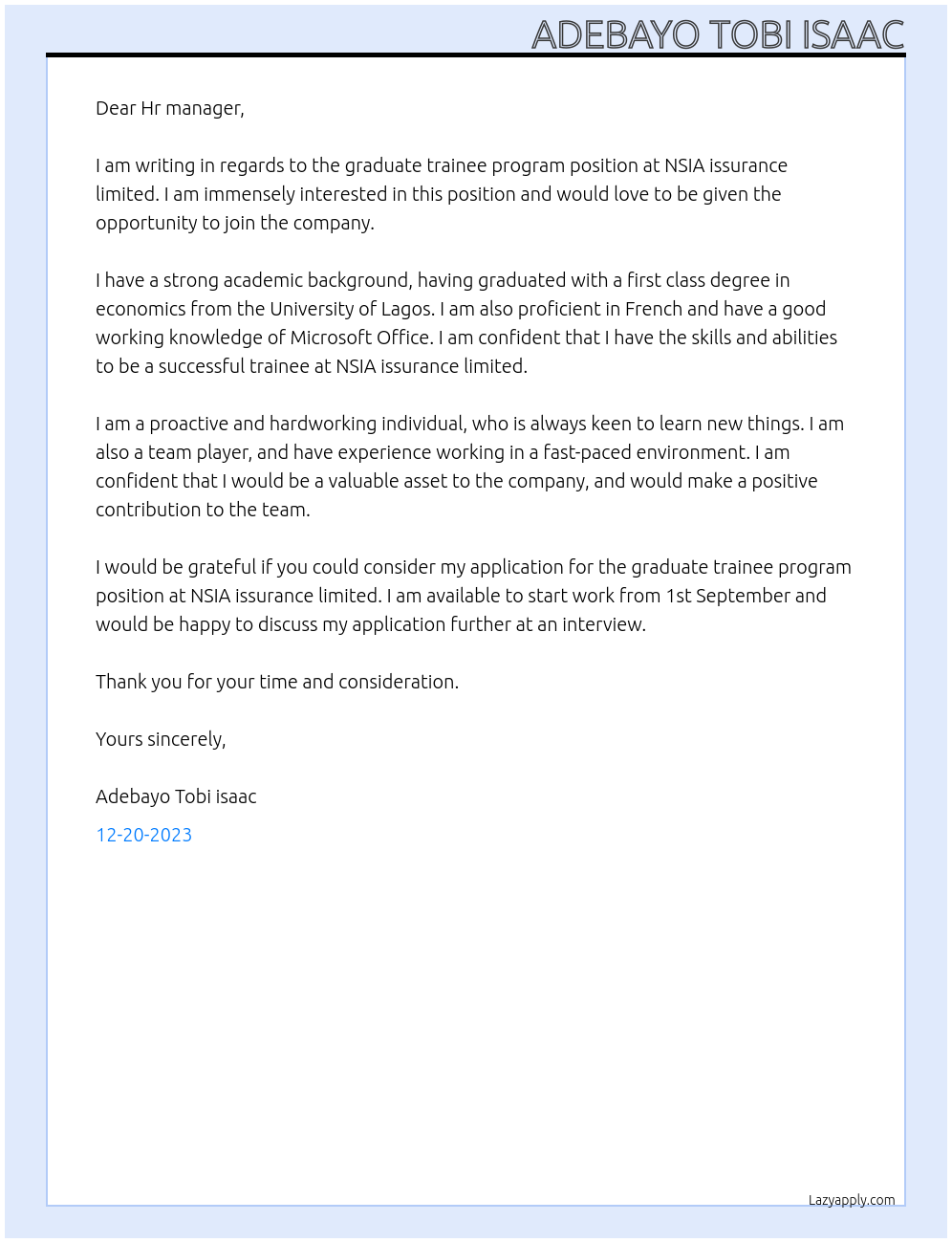 Graduate trainee program At NSIA issurance limited Cover Letter