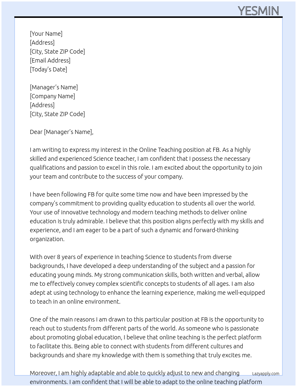 Online Teaching  At FB Cover Letter
