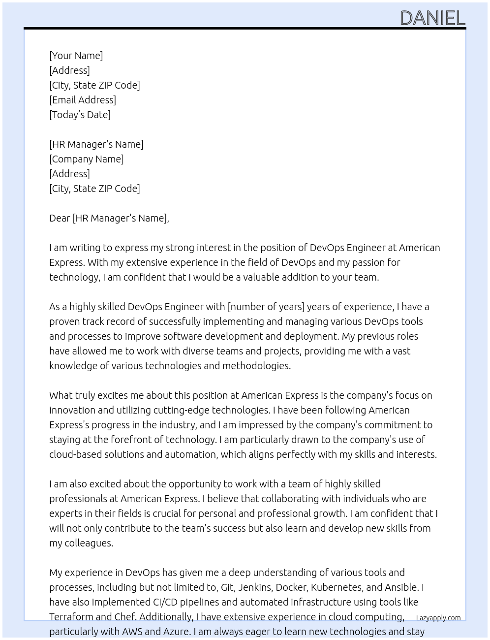 DevOps Engineer At American Express Cover Letter