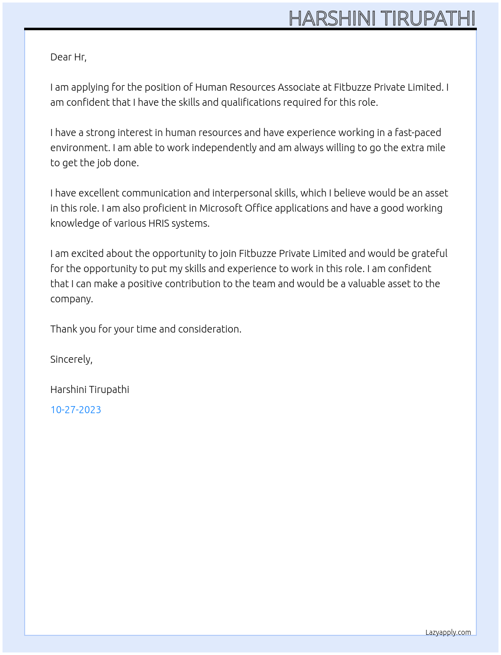 Human resources Associate At Fitbuzze private limited Cover Letter