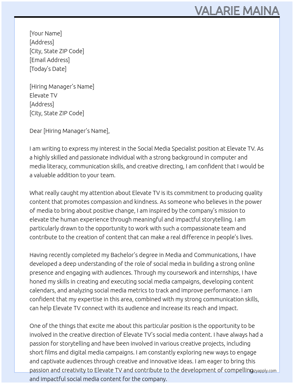 Social media specialist At Elevate TV Cover Letter