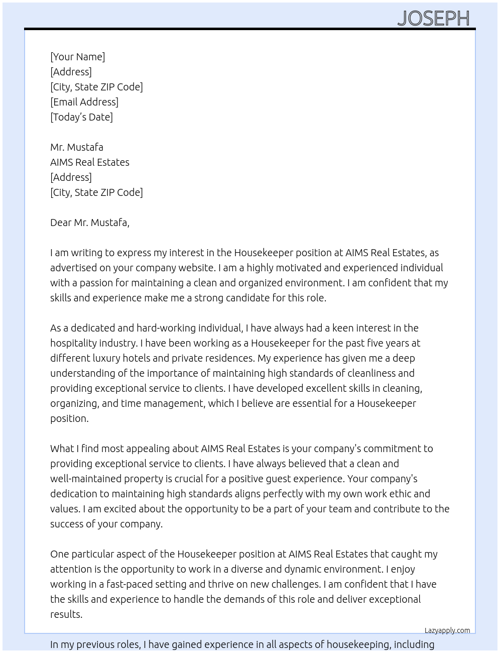 Housekeeper At AIMS Real Estates Cover Letter