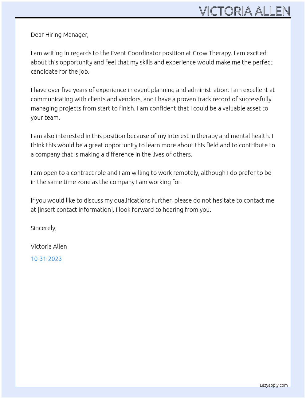 Event Coordinator At Grow Therapy Cover Letter