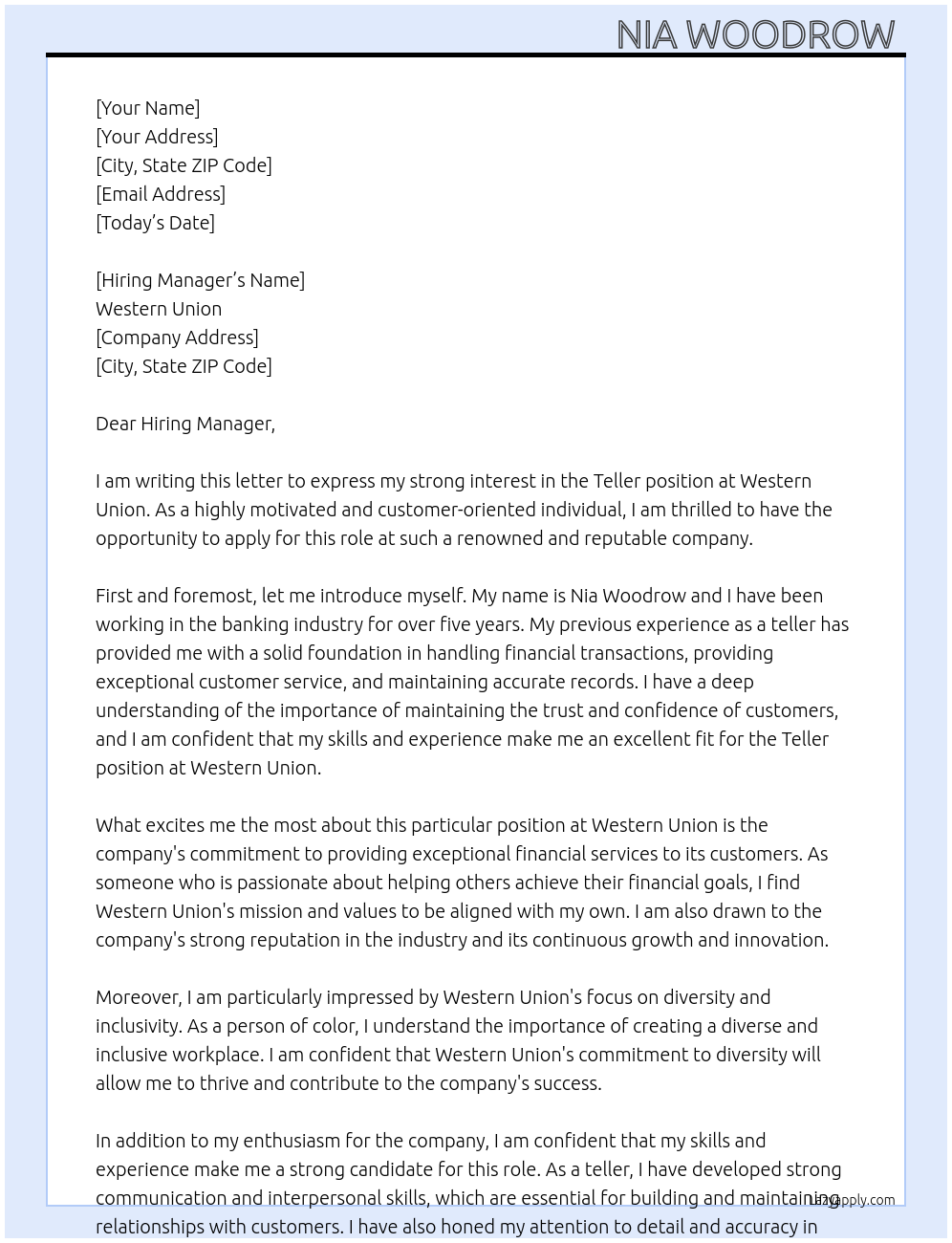Teller At Western union Cover Letter