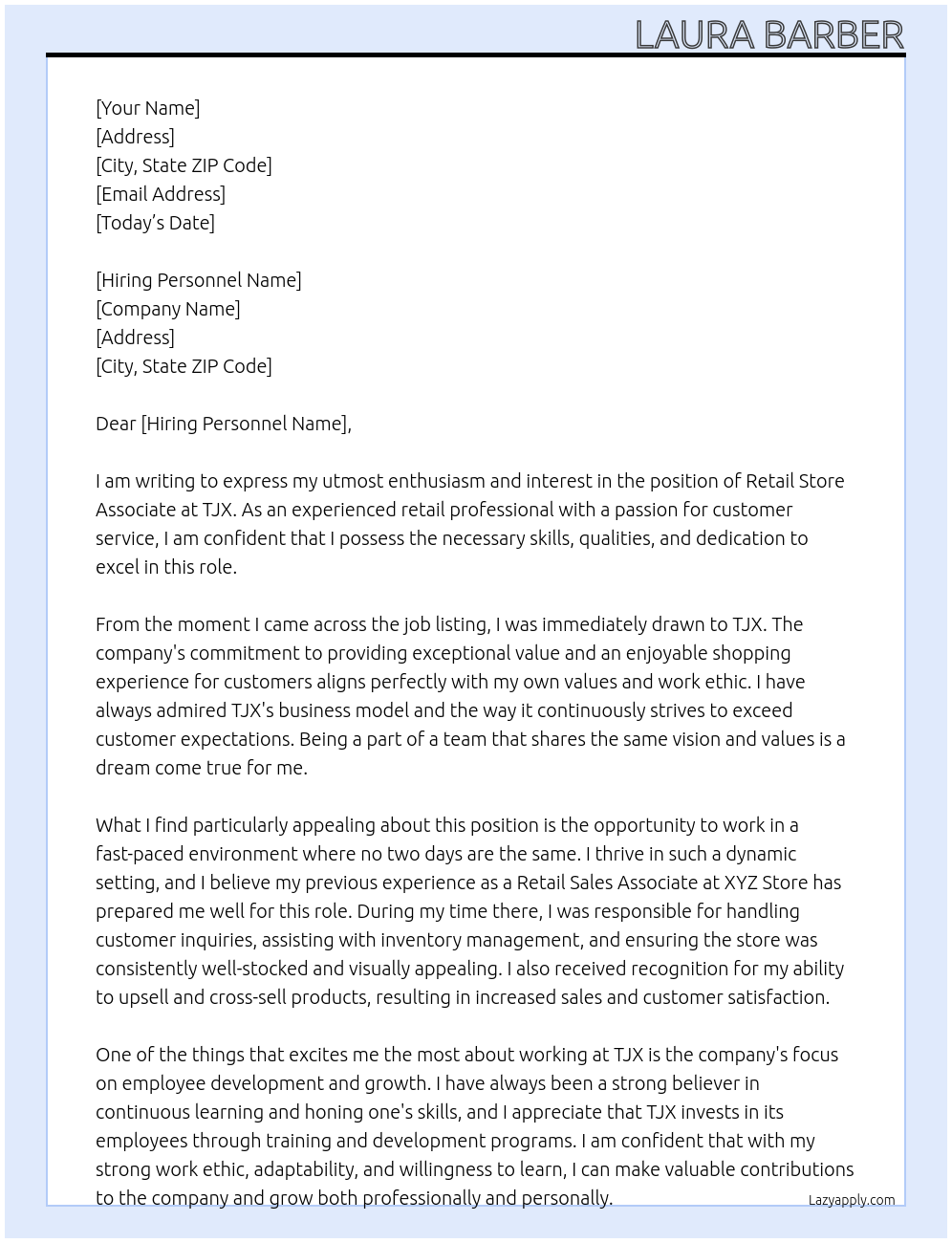 Retail Store Associate At TJX Cover Letter