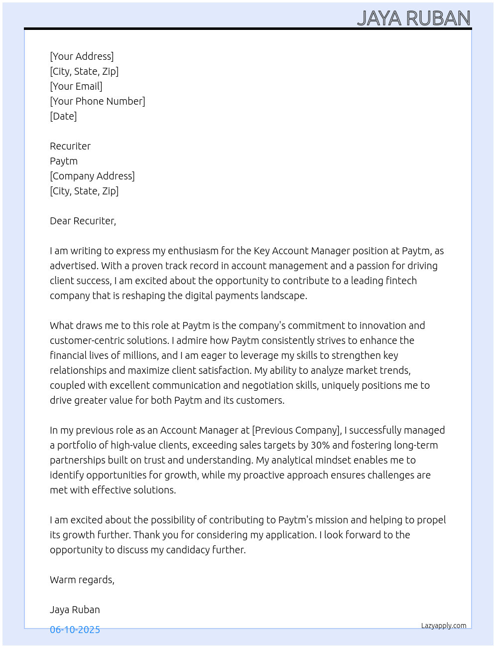 Key Account Manager At Paytm Cover Letter