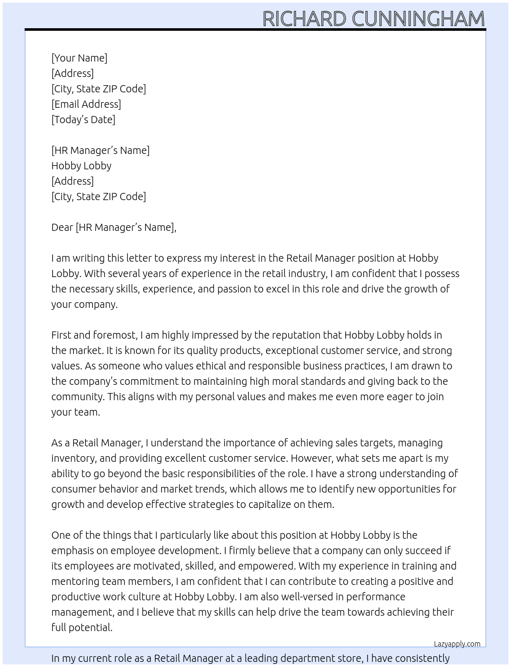 Retail Manager At Hobby Lobby Cover Letter