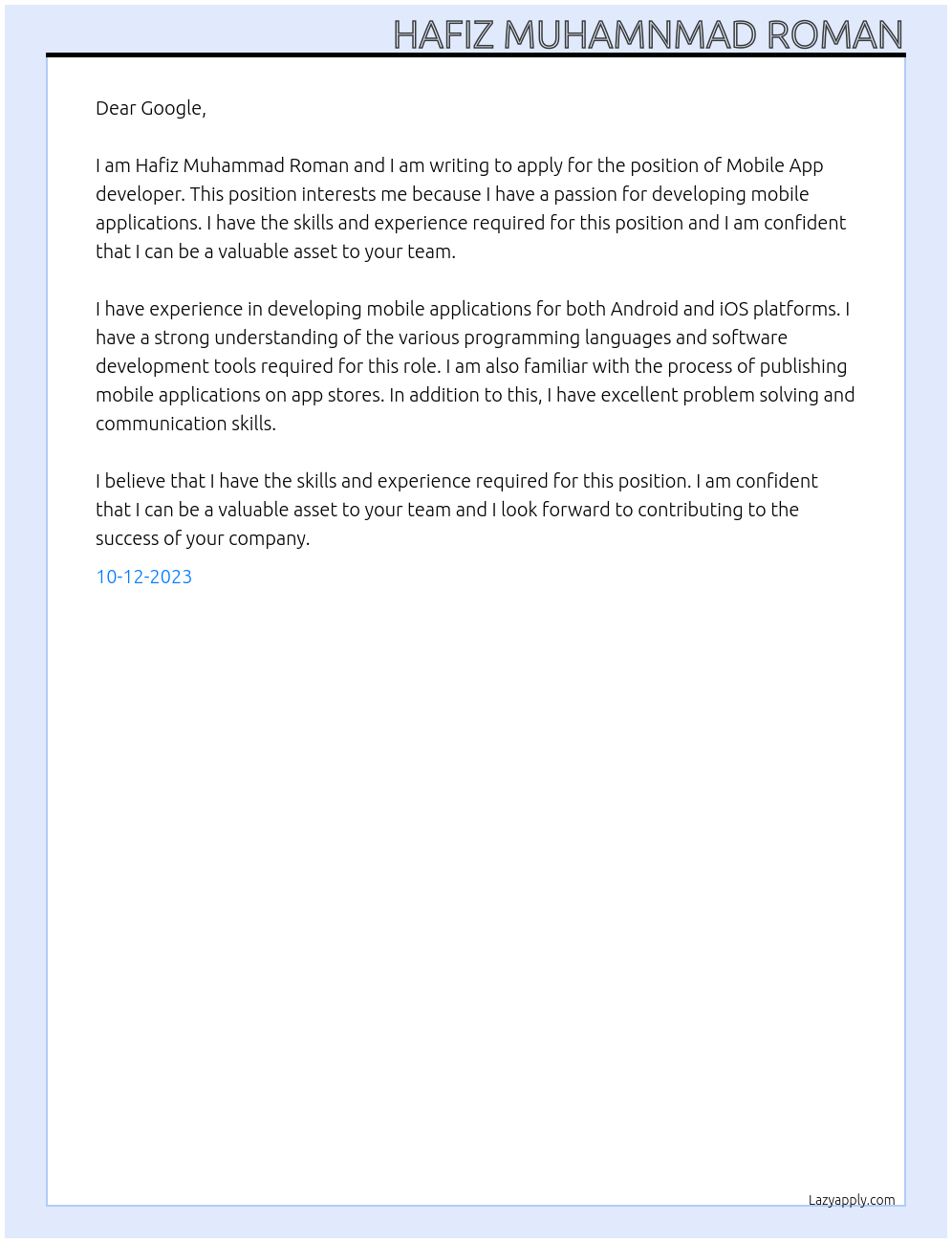 Mobile App developer At google Cover Letter
