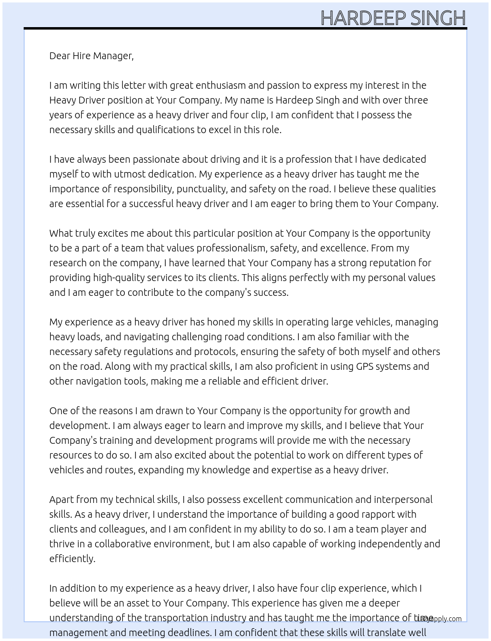 Heavy Driver At Your company Cover Letter