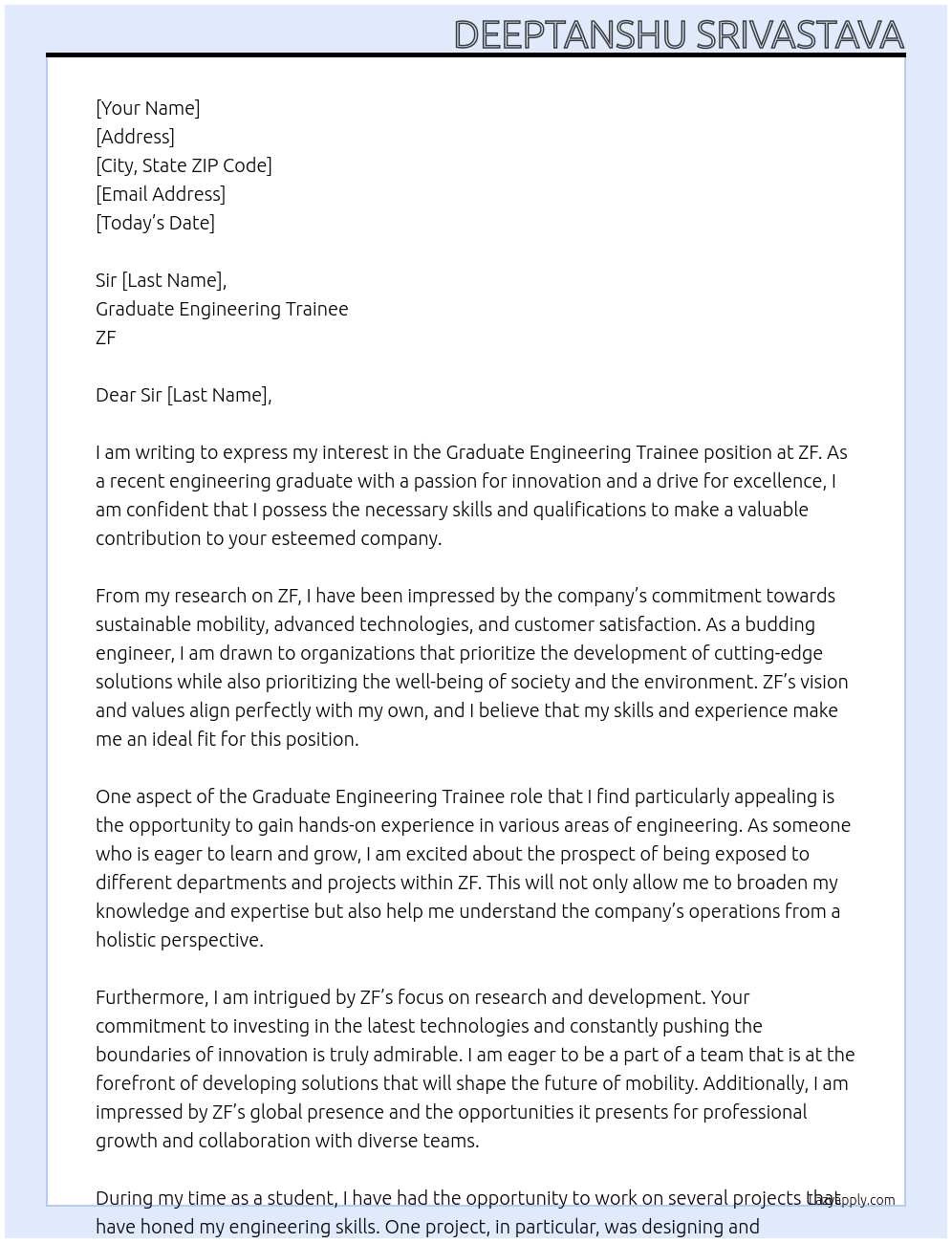 Graduate Engineering Trainee At ZF Cover Letter