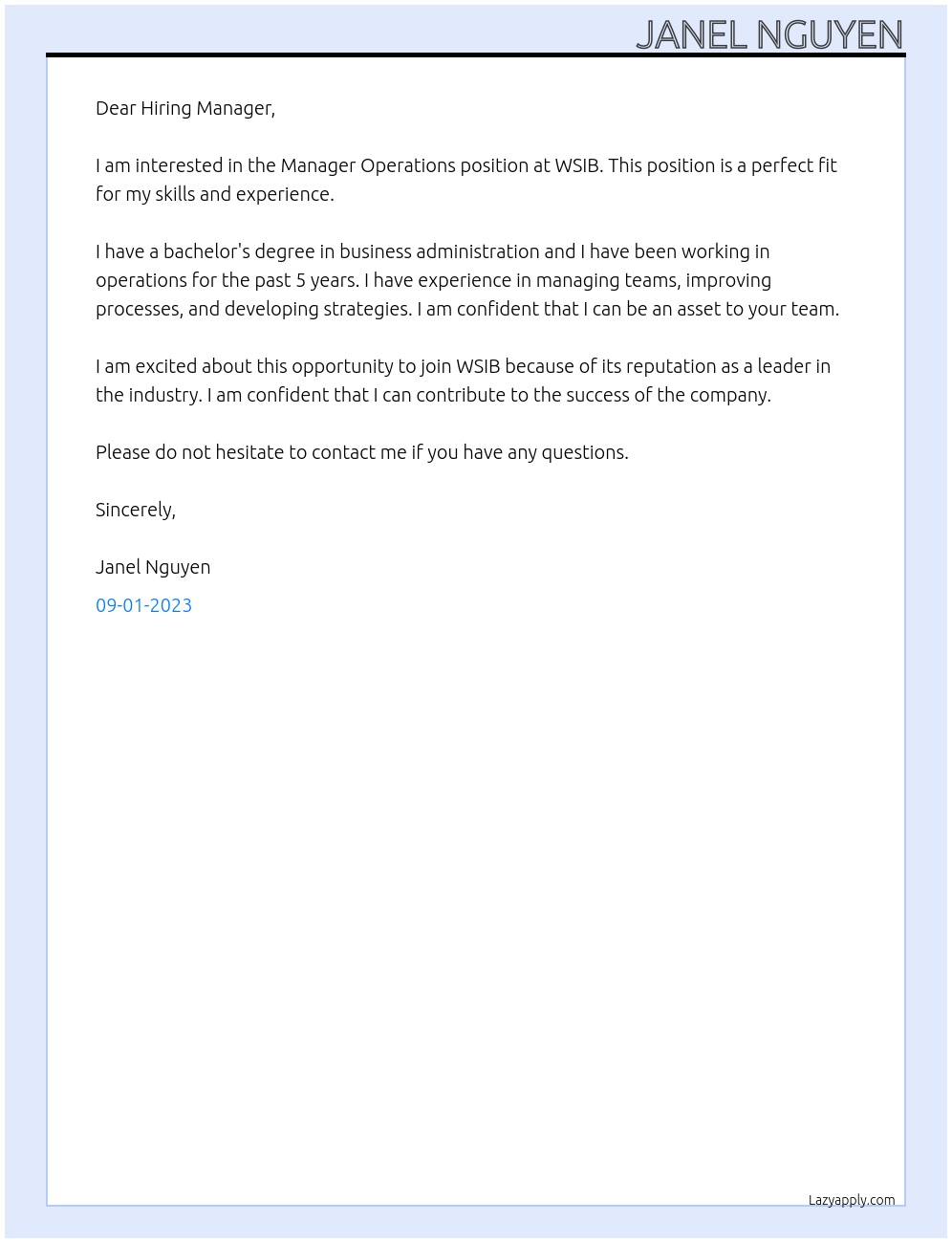 Manager Operations At WSIB Cover Letter