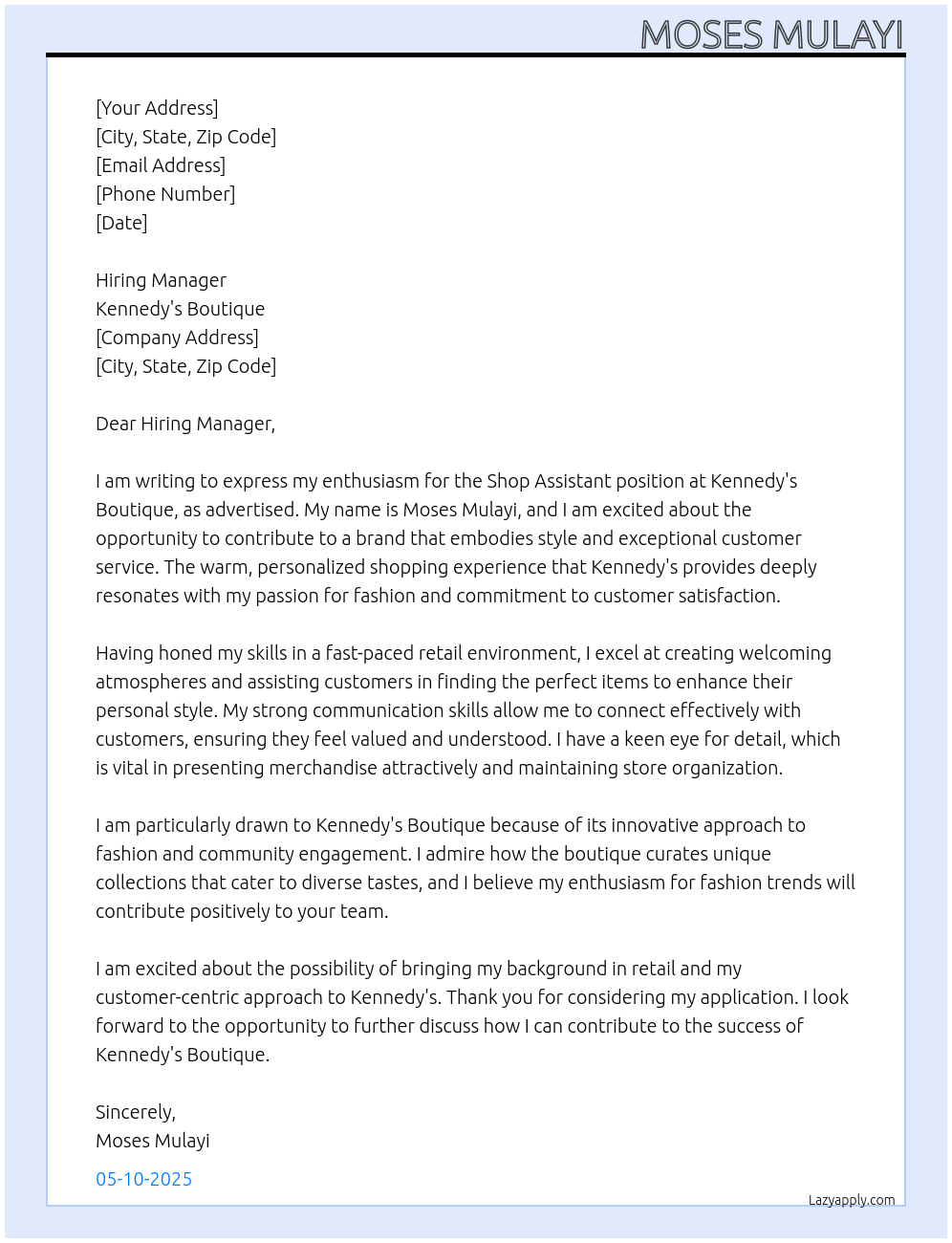 Shop Assistant At Kennedy's Boutique Cover Letter