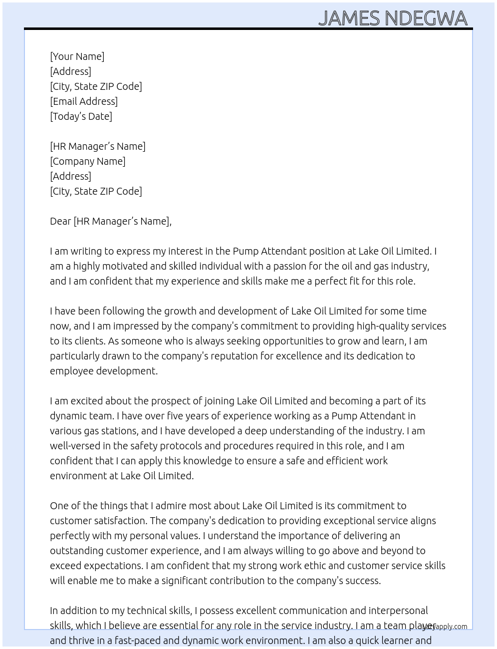 Pump attendant  At Lake oil limited  Cover Letter