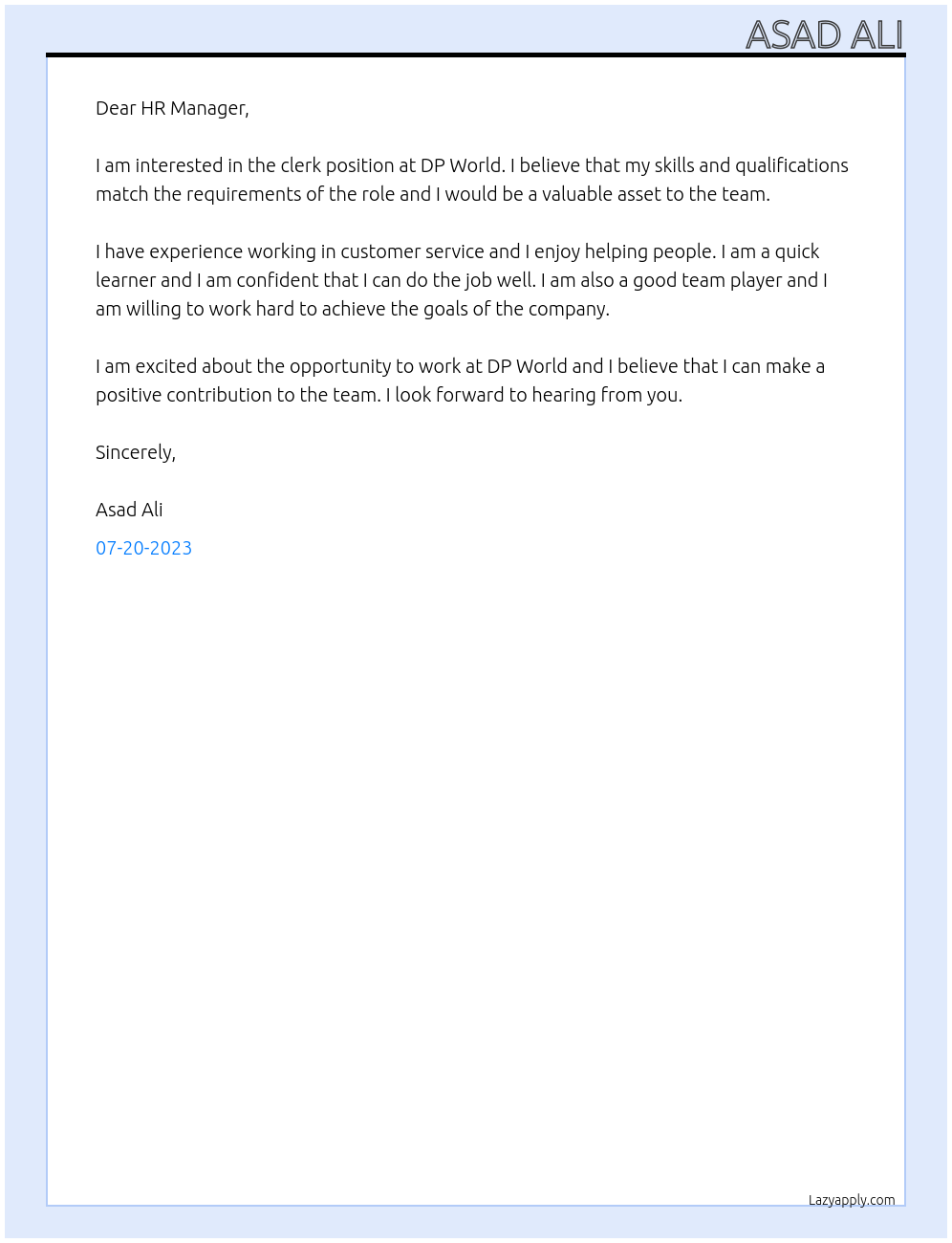 clerk  At DP WORLD Cover Letter