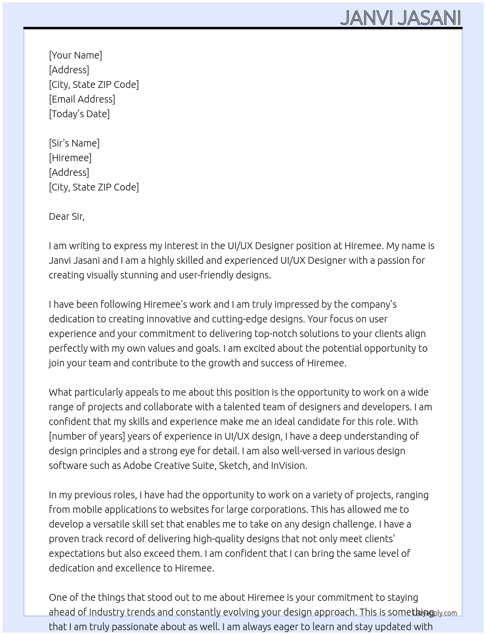 UI/UX Designer At Hiremee Cover Letter