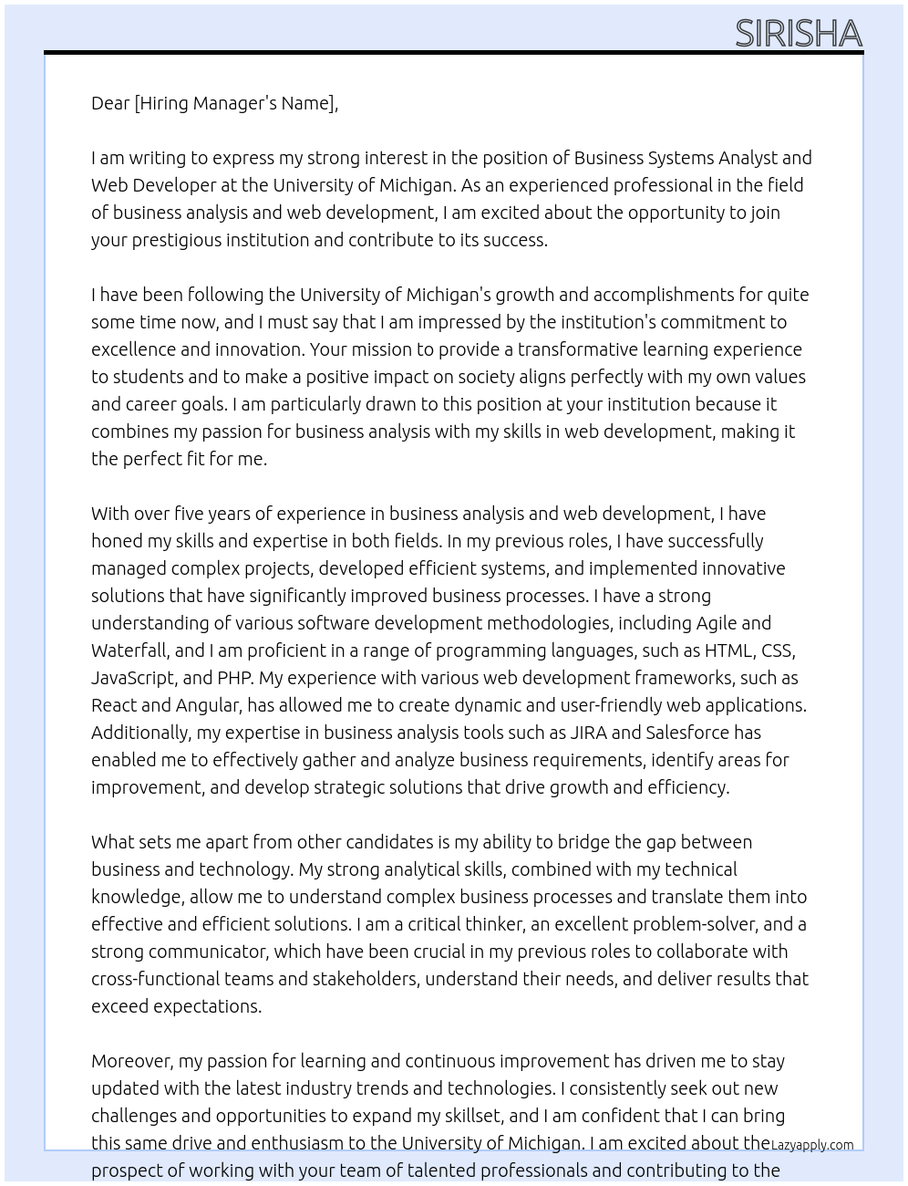 business systems analyst and web developer At university of michigan Cover Letter