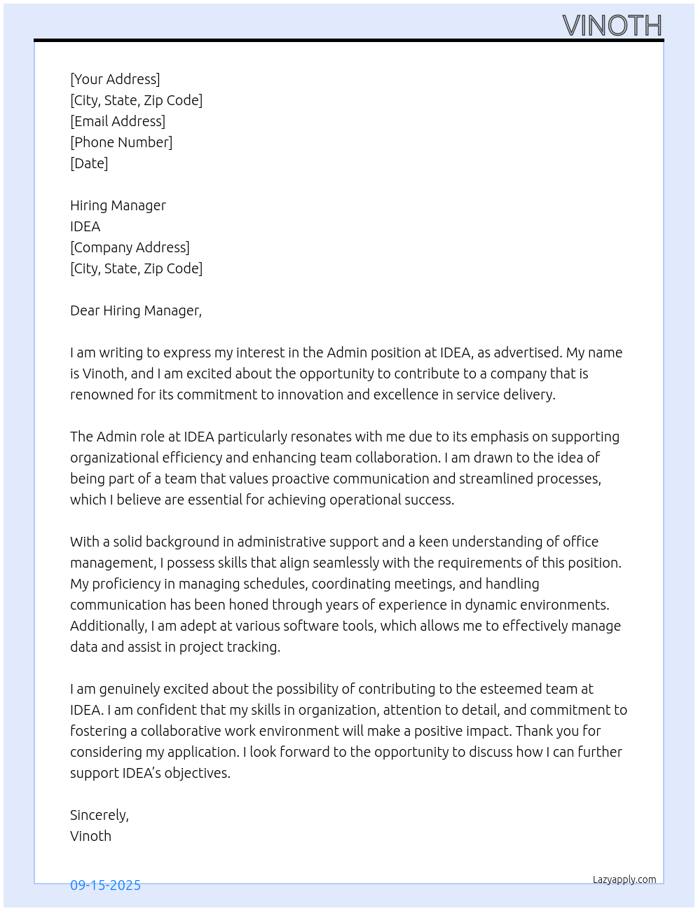 Cover letter for admin - LazyApply