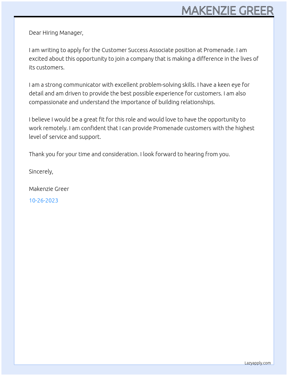 Customer Success Associate At Promenade Cover Letter