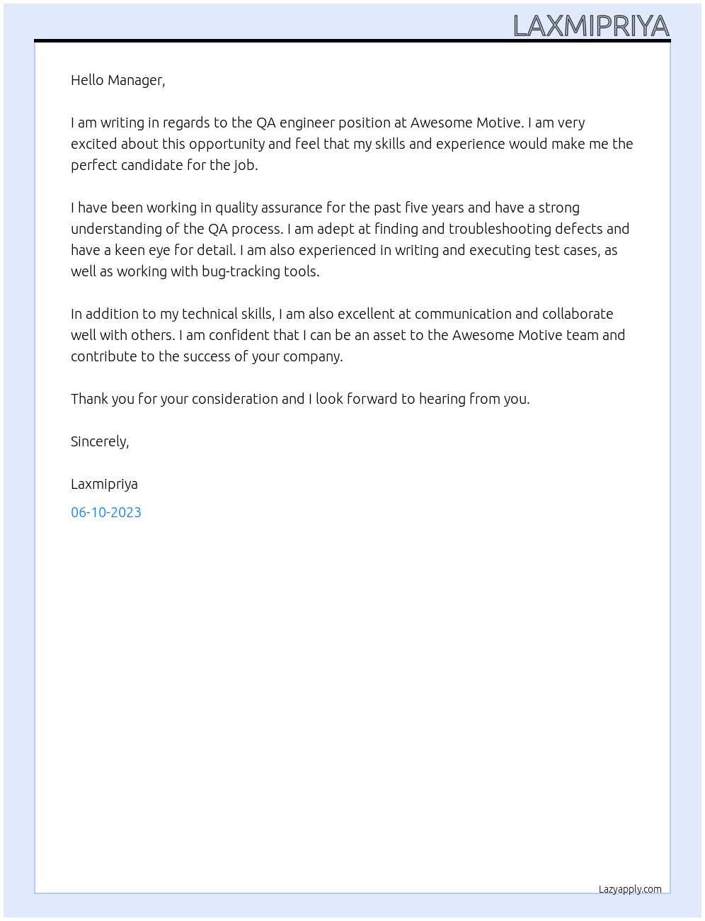 QA engineeer At Awesome Motive Cover Letter