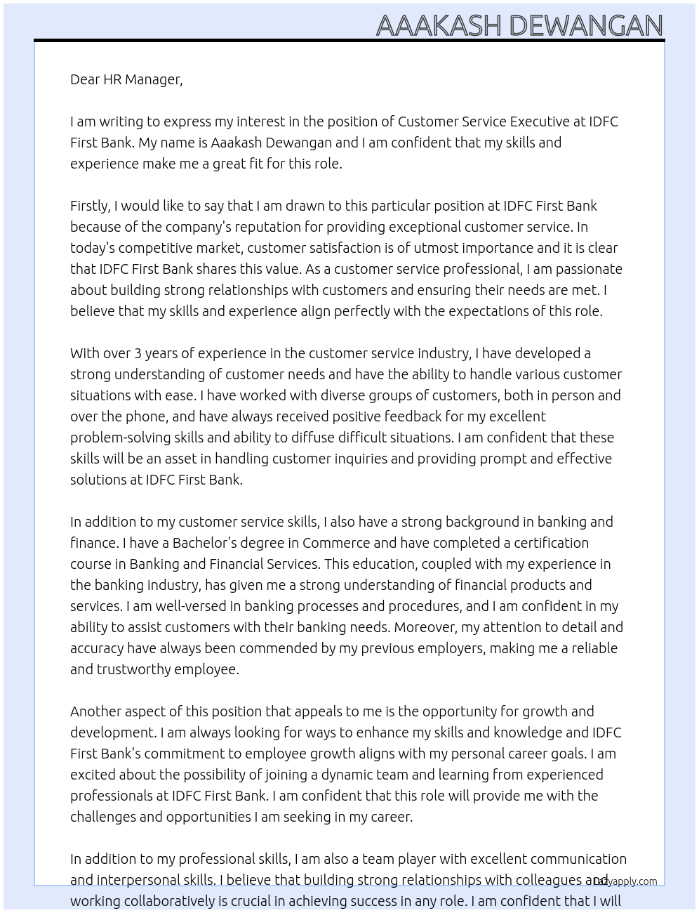 Customer Service Executive At IDFC FIrst Bank Cover Letter