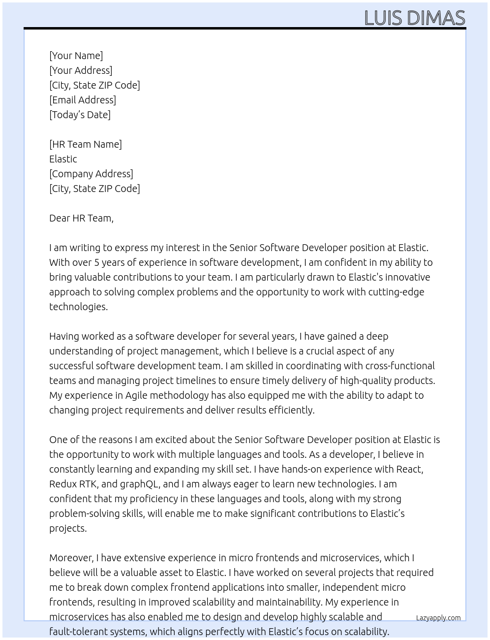 Senior software developer At elastic Cover Letter