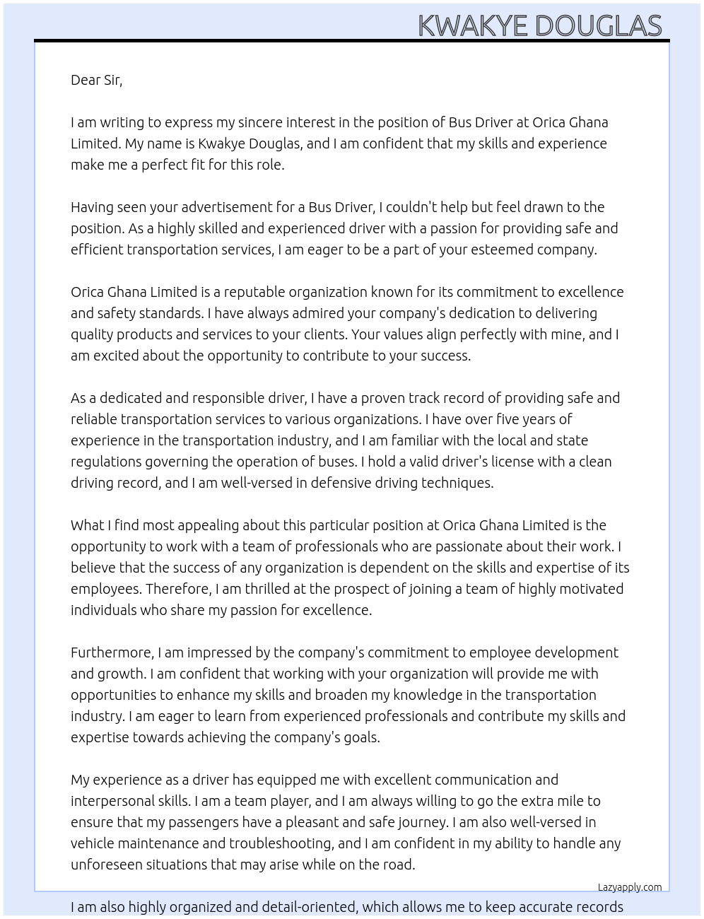 Bus Driver At Orica Ghana Limited Cover Letter