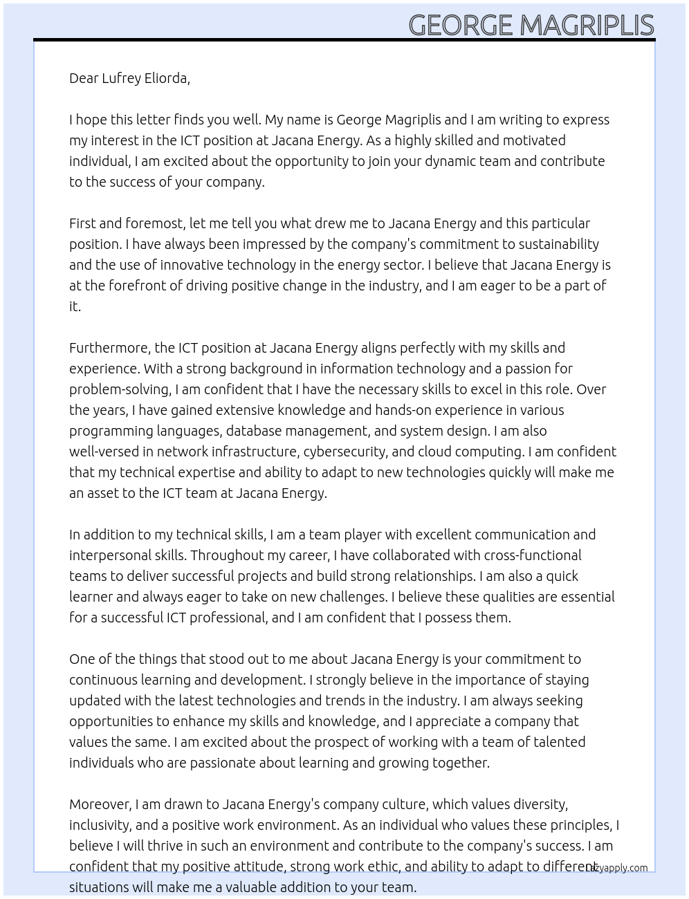 ICT At Jacana Energy Cover Letter