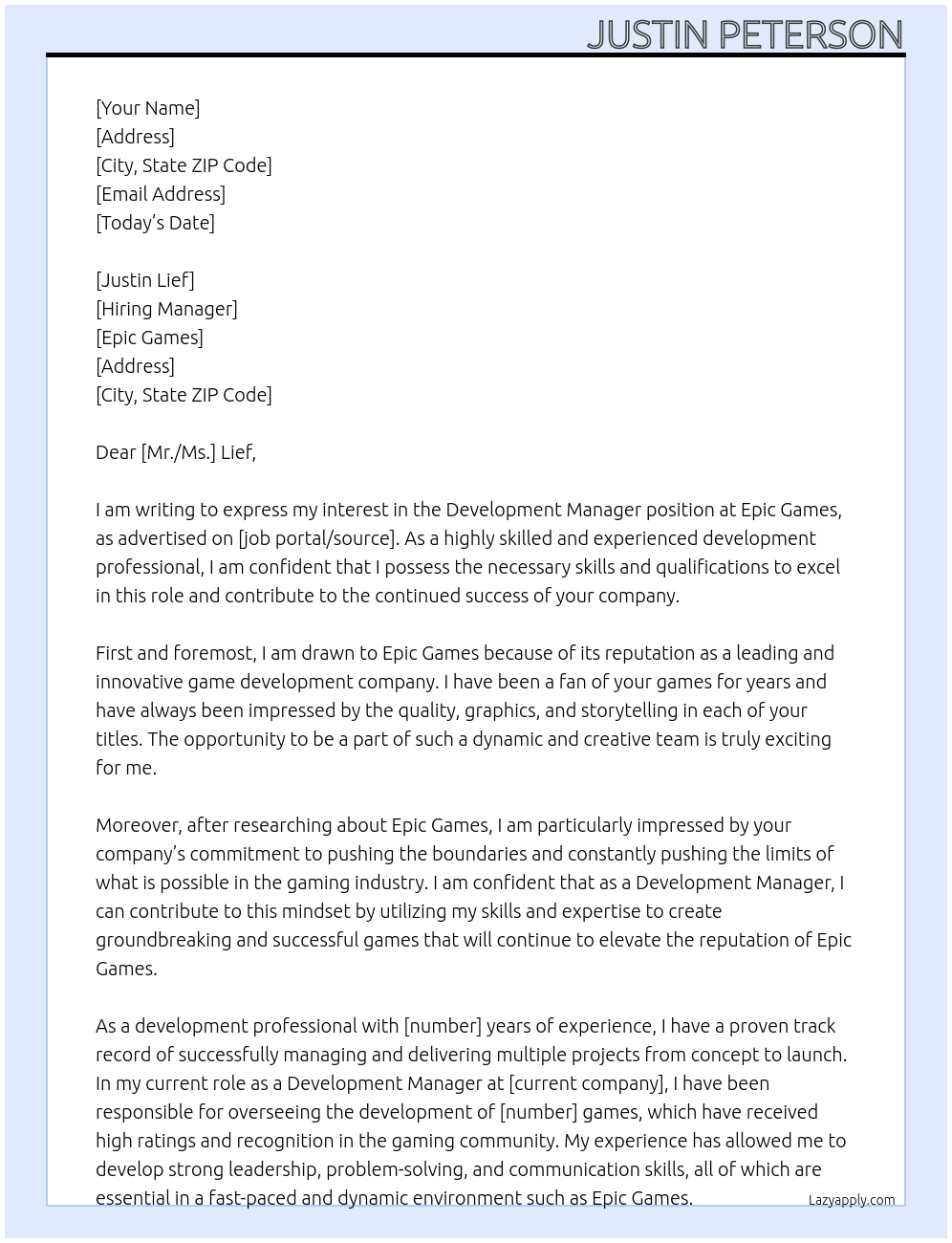 Development Manager At Epic Games Cover Letter