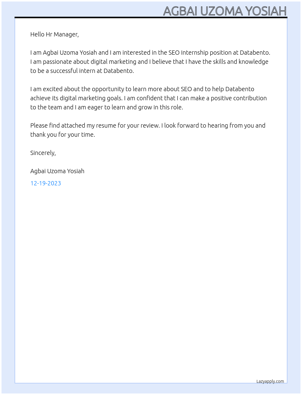 SEO Internship At Databento Cover Letter