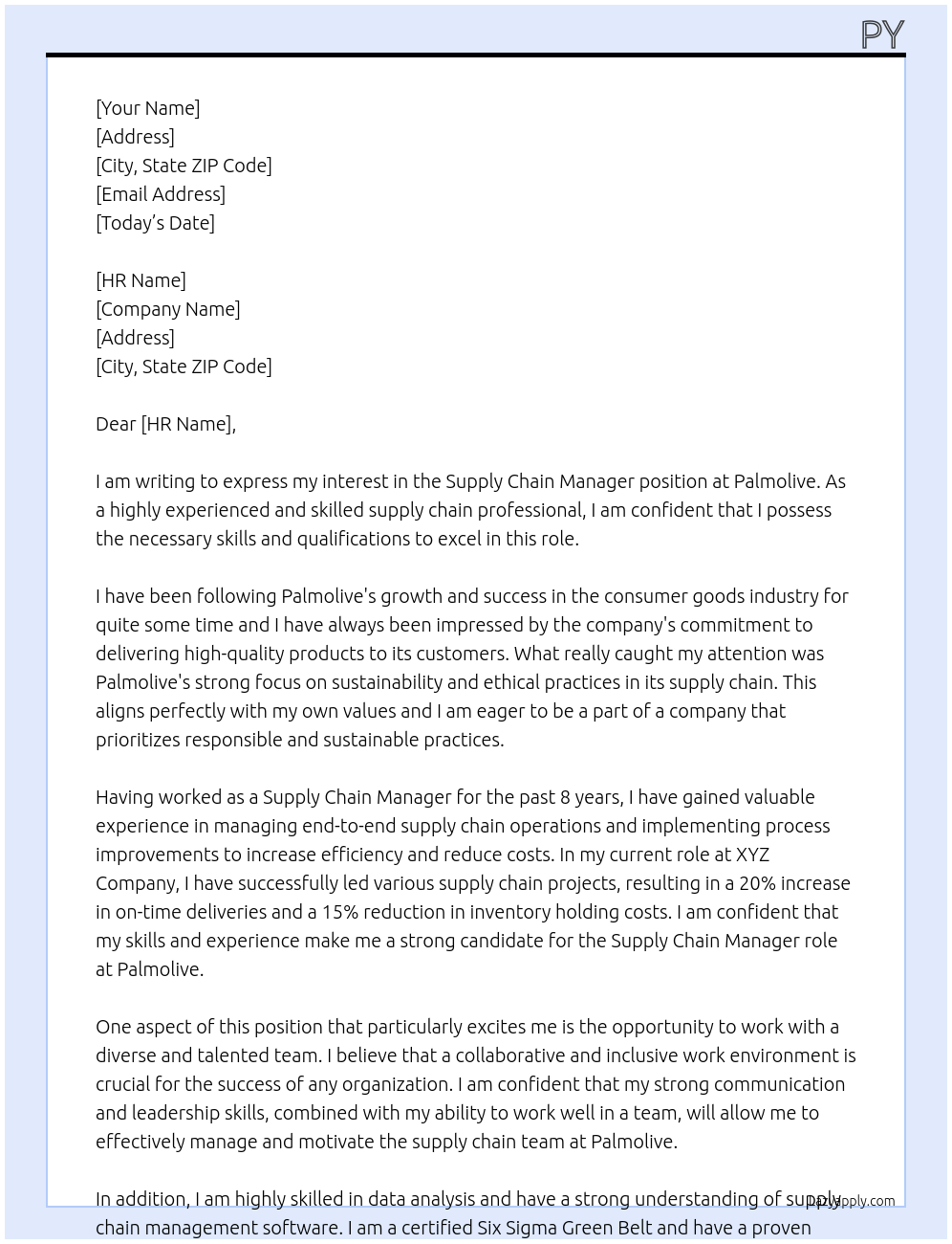 Supply Chain Manager At Palmolive Cover Letter