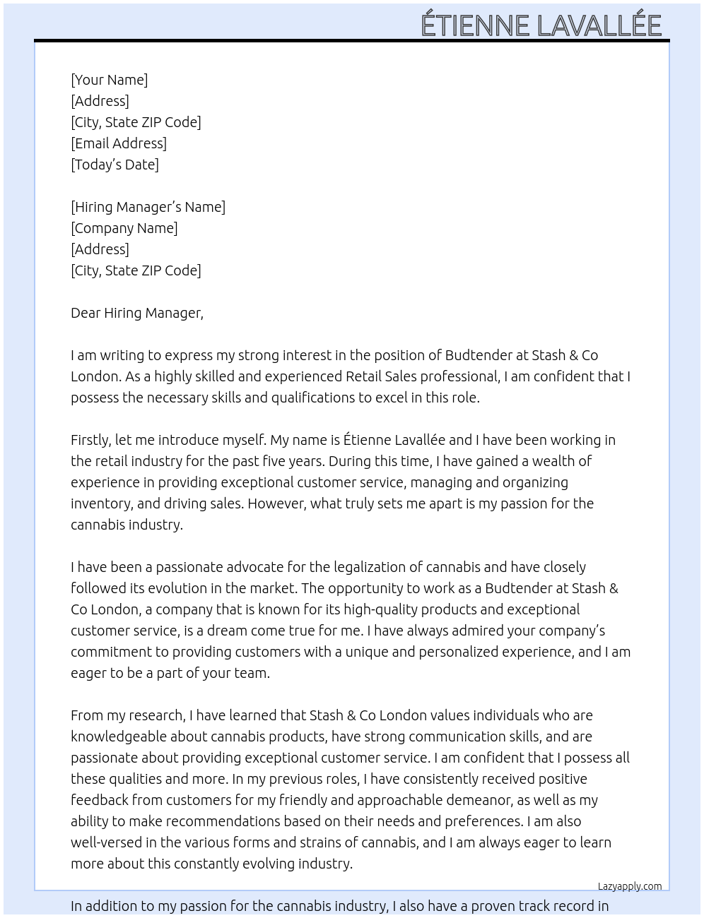 Budtender At Stash & Co Londom Cover Letter