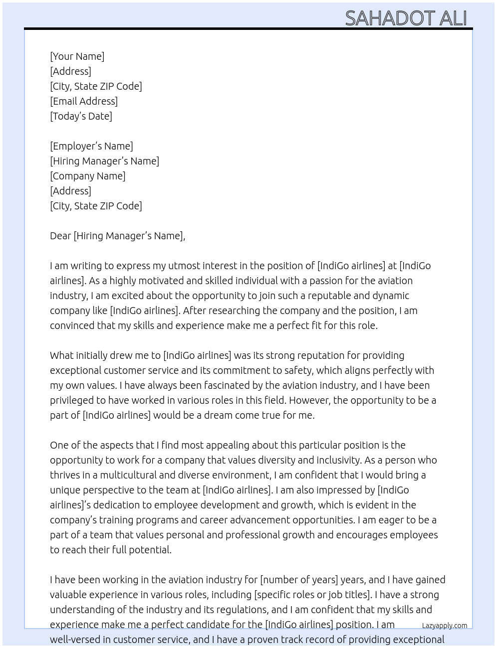 IndiGo airlines At IndiGo airlines Cover Letter