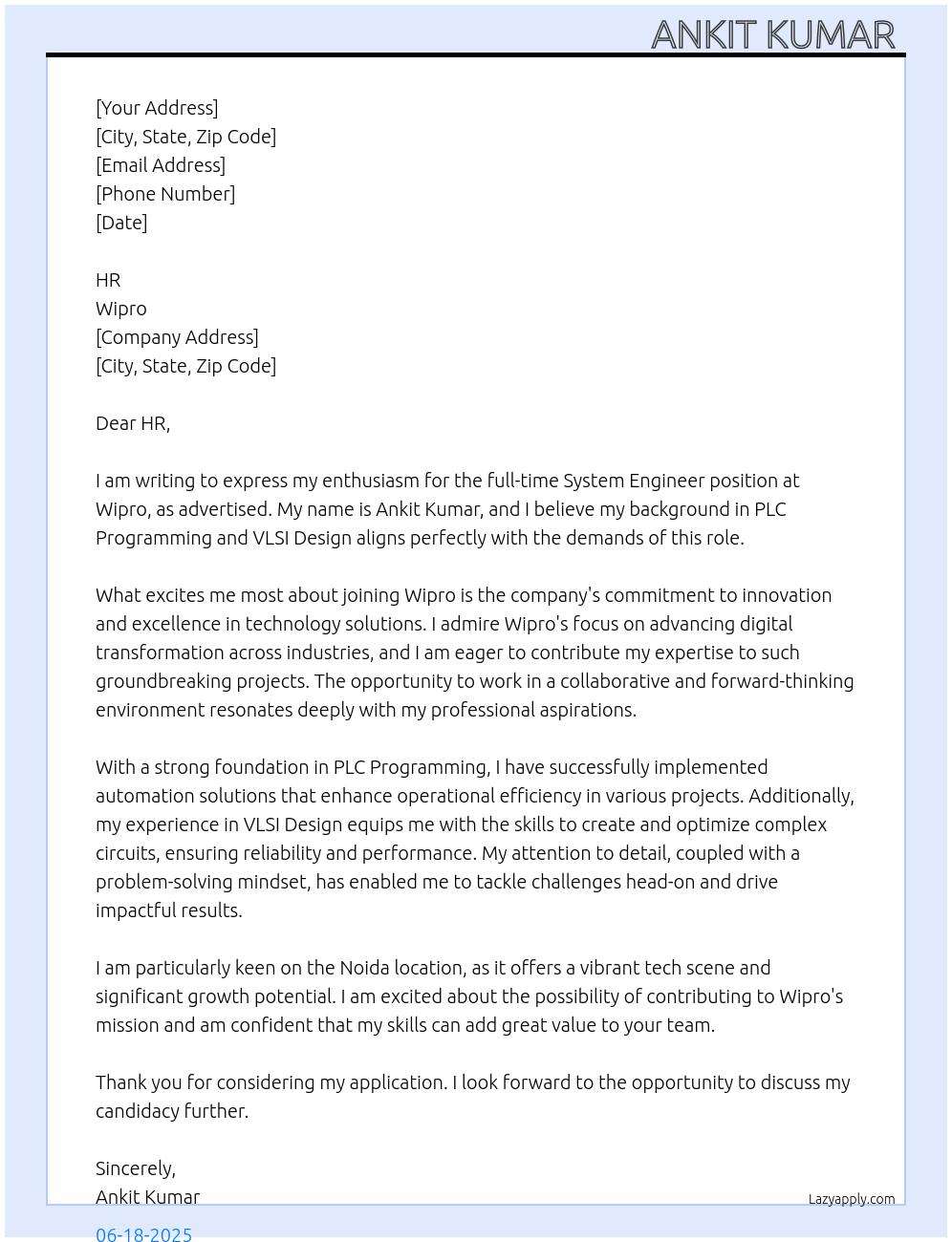 System engineer At Wipro Cover Letter