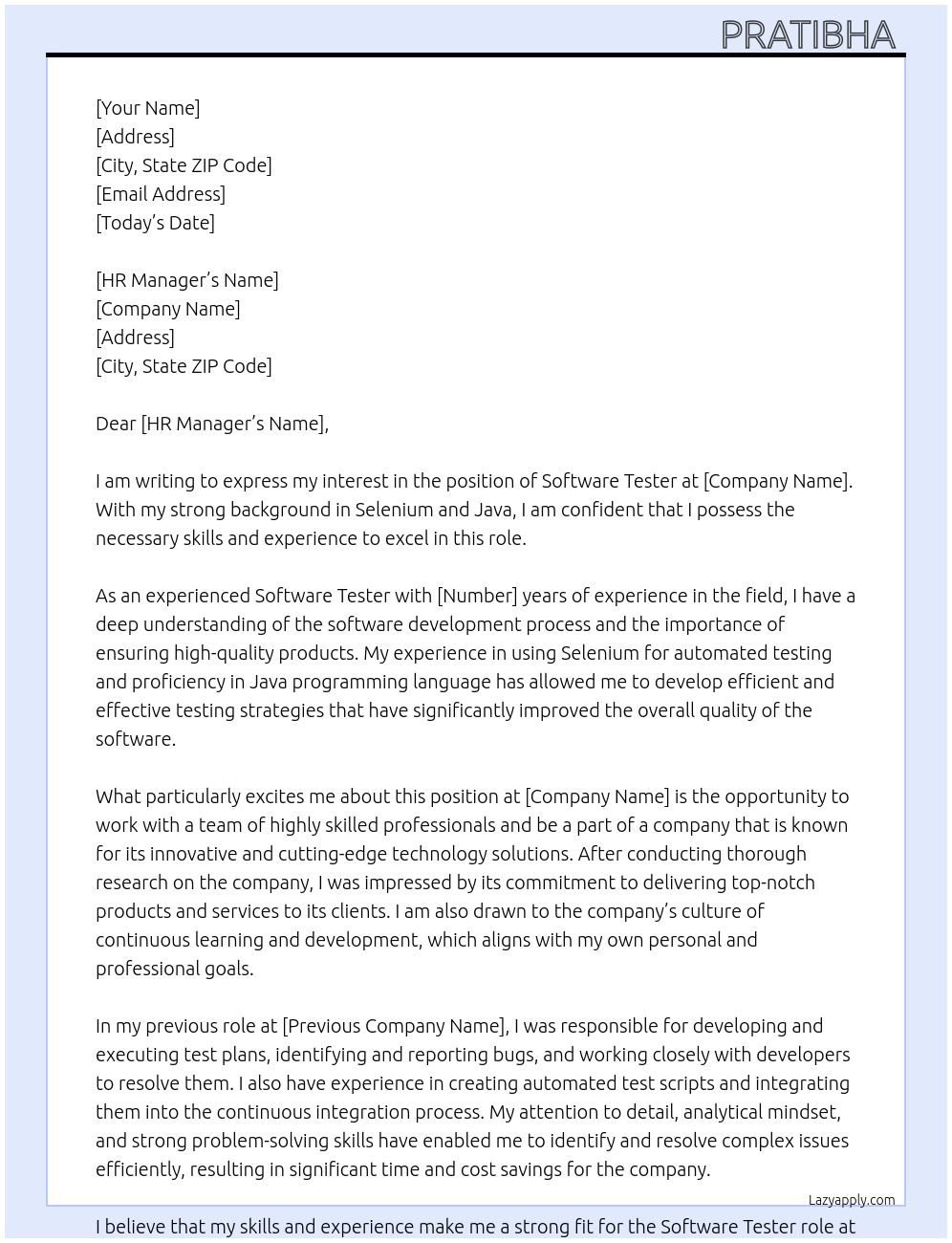 Software tester  At Any Cover Letter