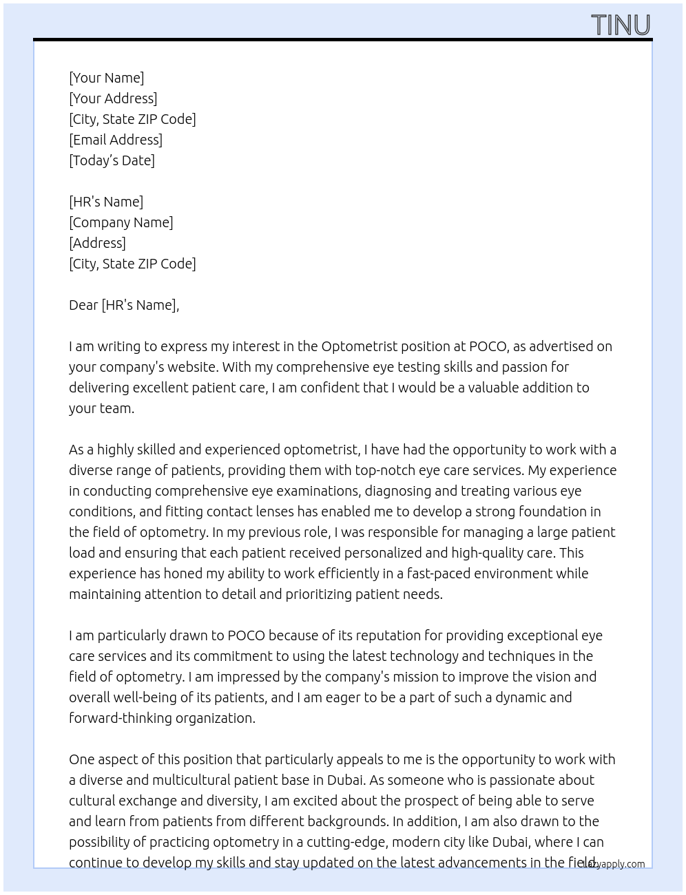 OPTOMETRIST At POCO Cover Letter