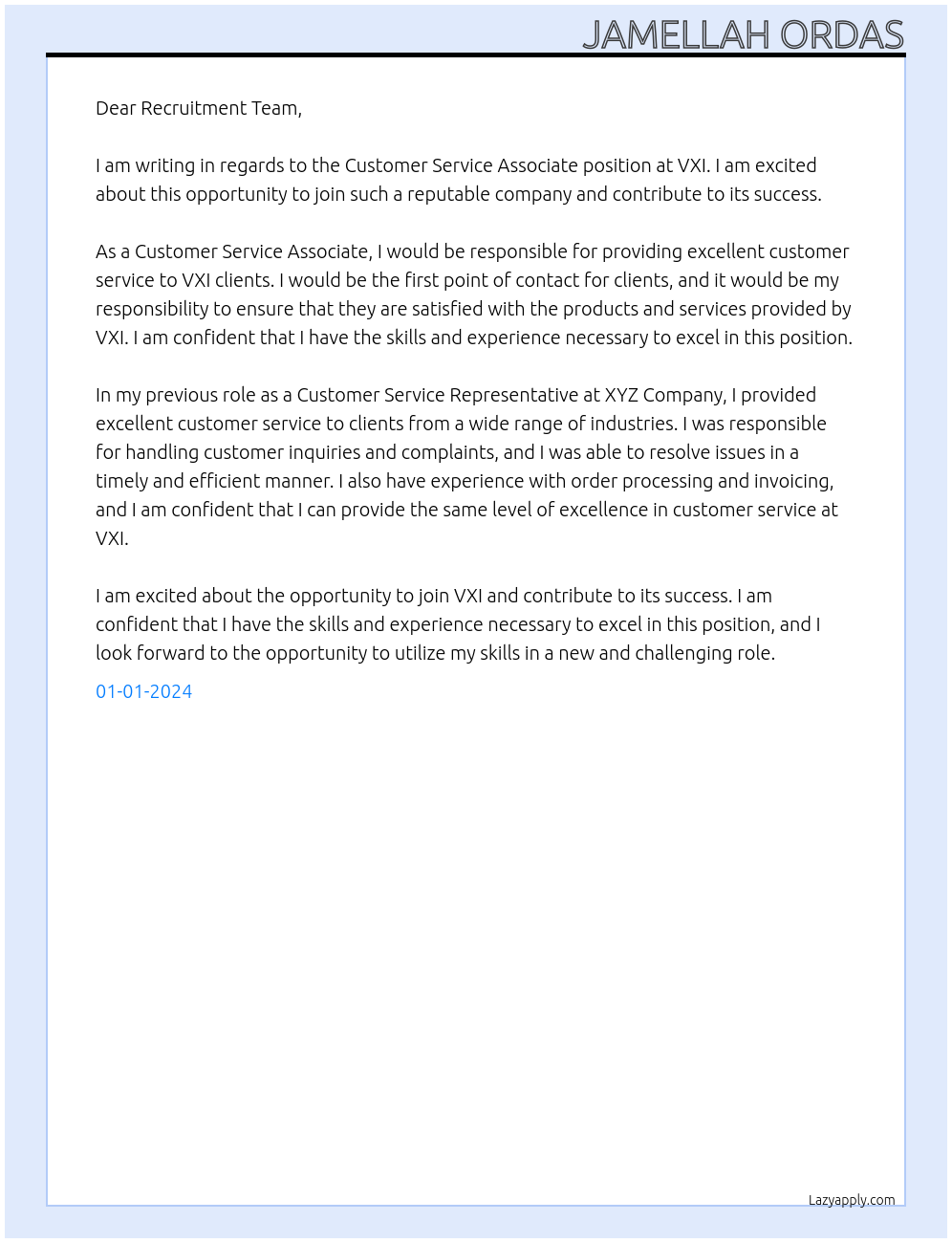 Customer service associate At VXI Cover Letter