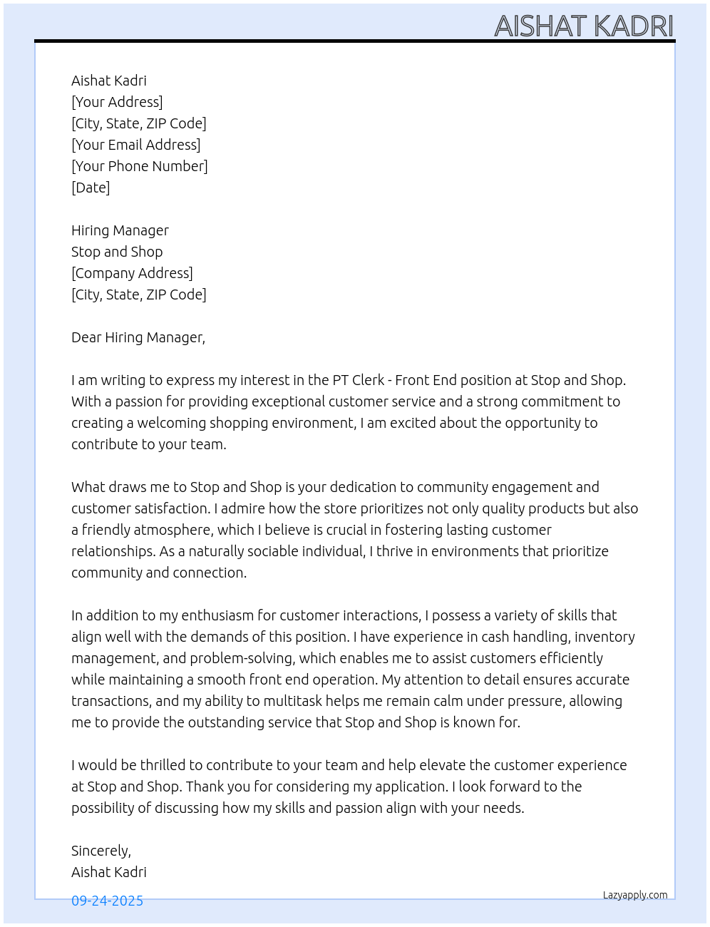 PT clerk- Front end At Stop and shop Cover Letter