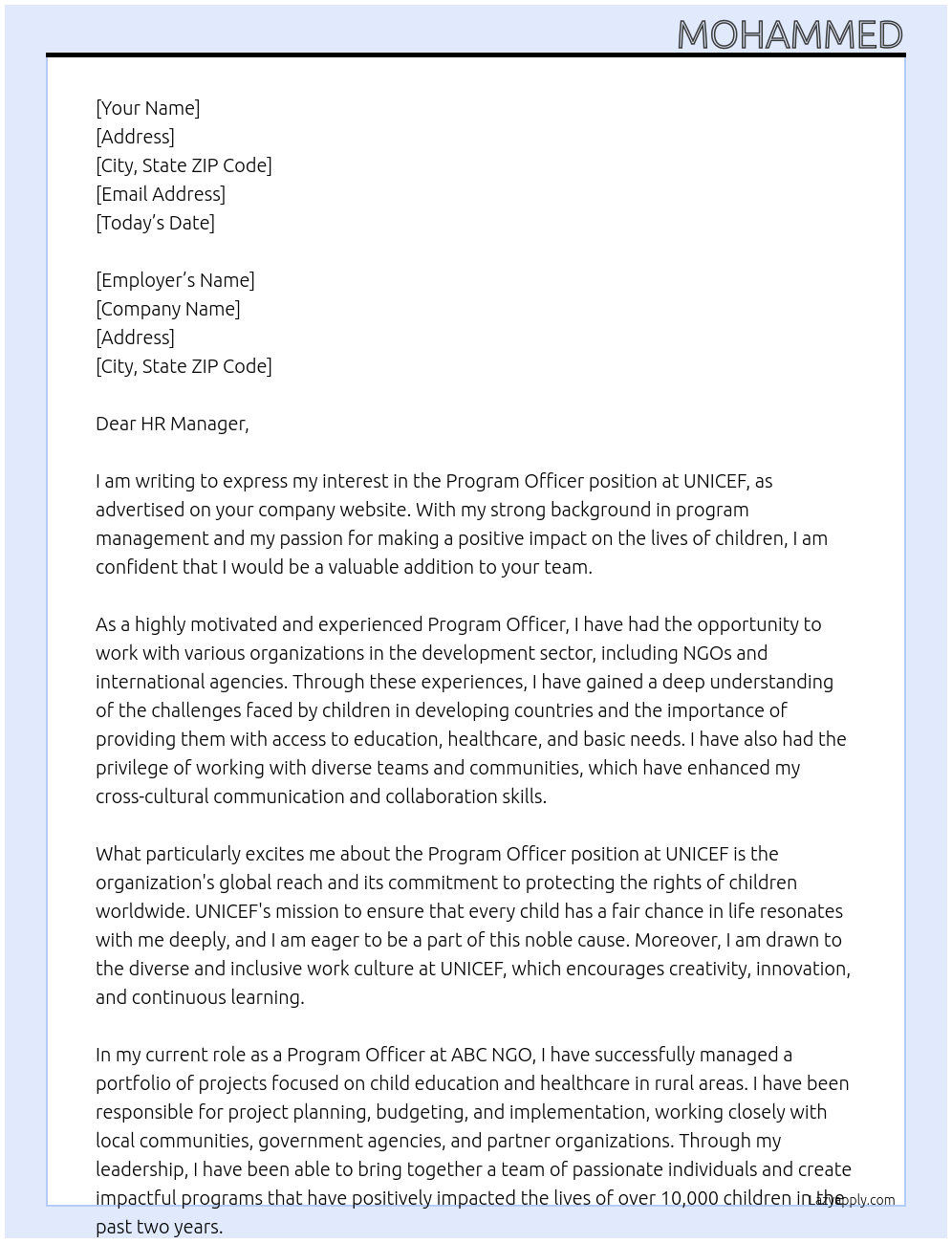 Program officer At unicef Cover Letter