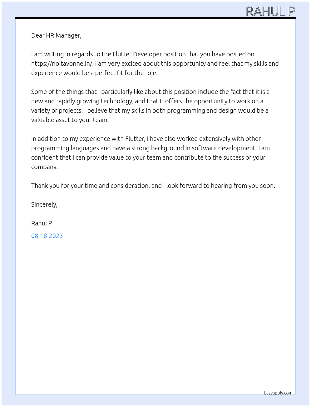 Flutter Developer At https://noitavonne.in/ Cover Letter