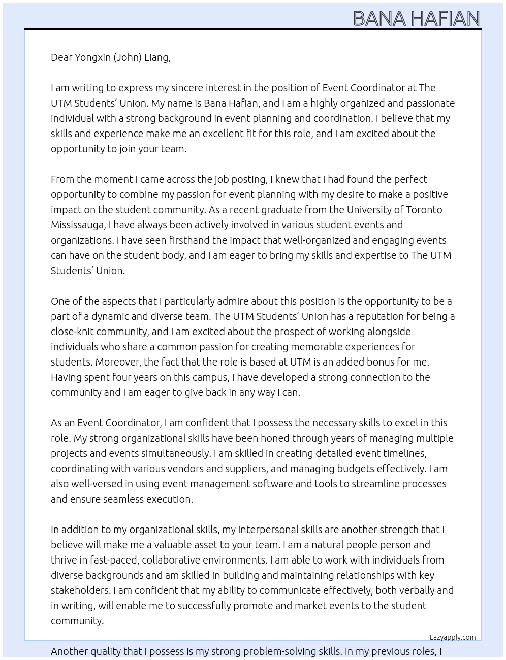 Event Coordinator At The UTM Students’ Union Cover Letter