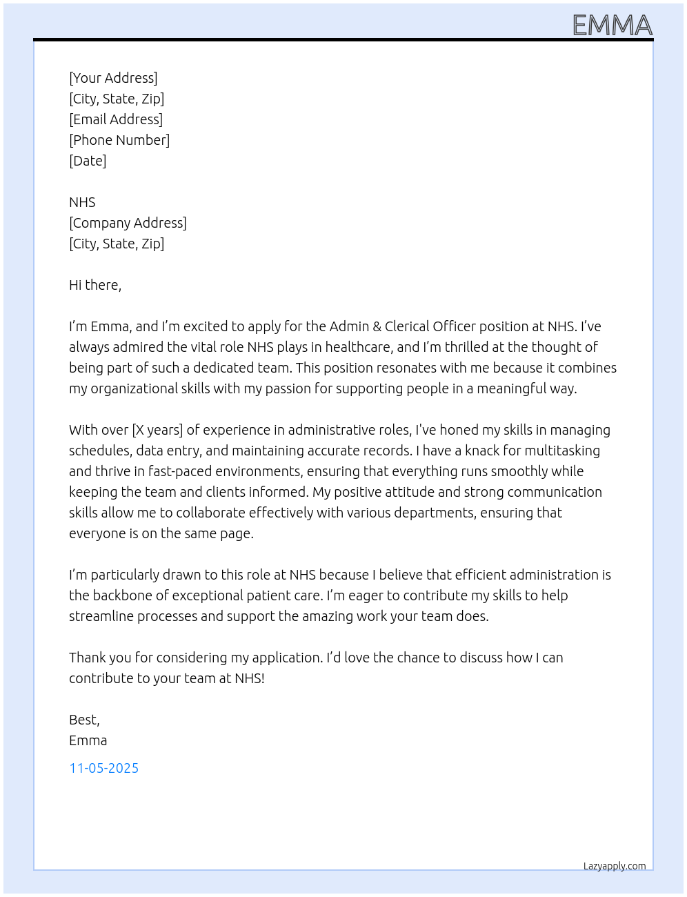 admin & clerical officer At nhs Cover Letter