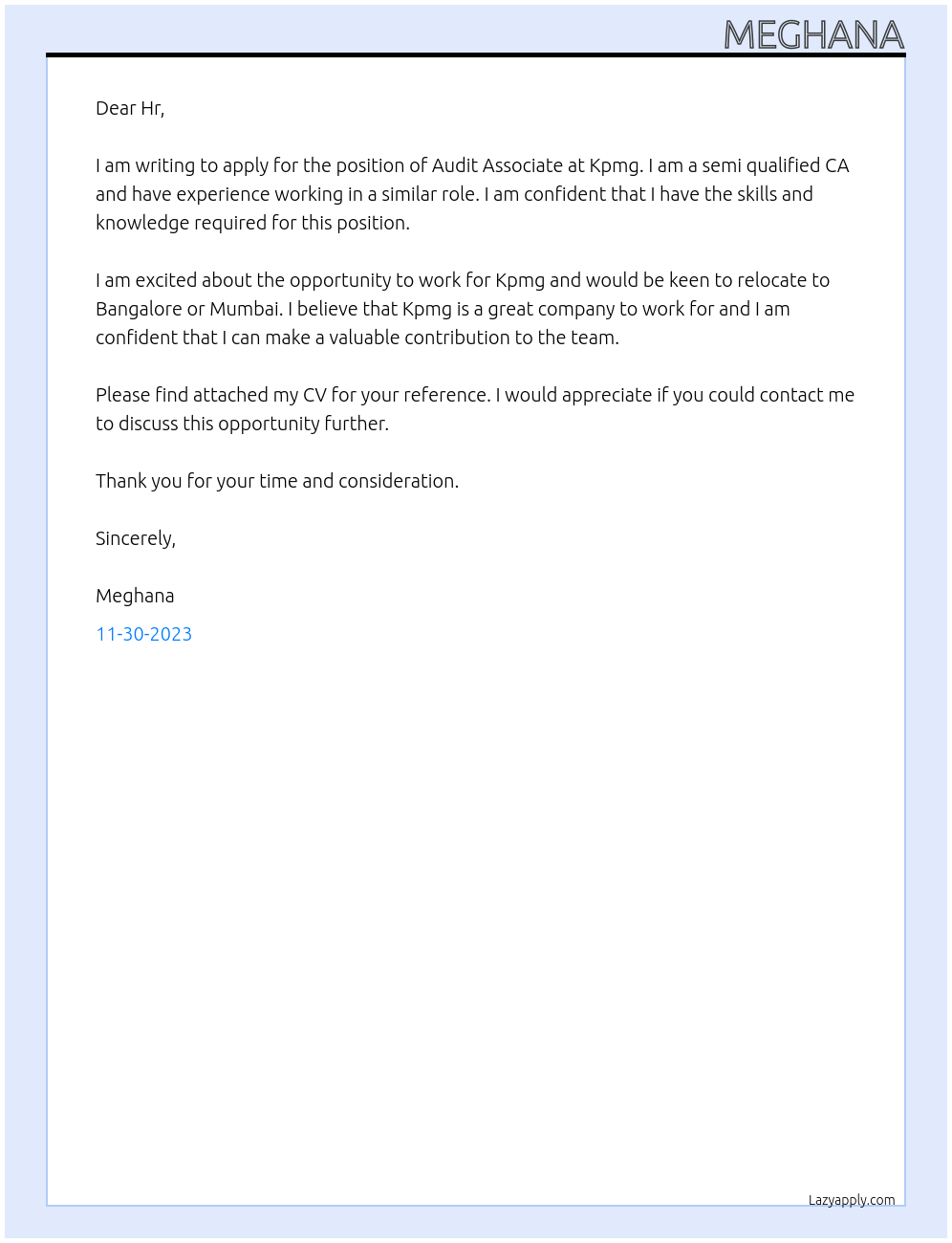 Audit Associate At Kpmg Cover Letter