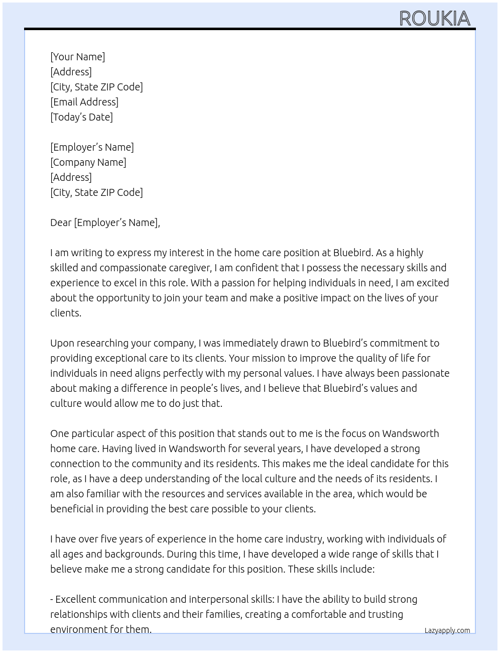 home care At bluebird Cover Letter