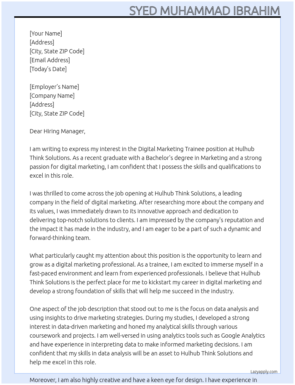 Digital marketing trainee At Hulhub think solutions Cover Letter