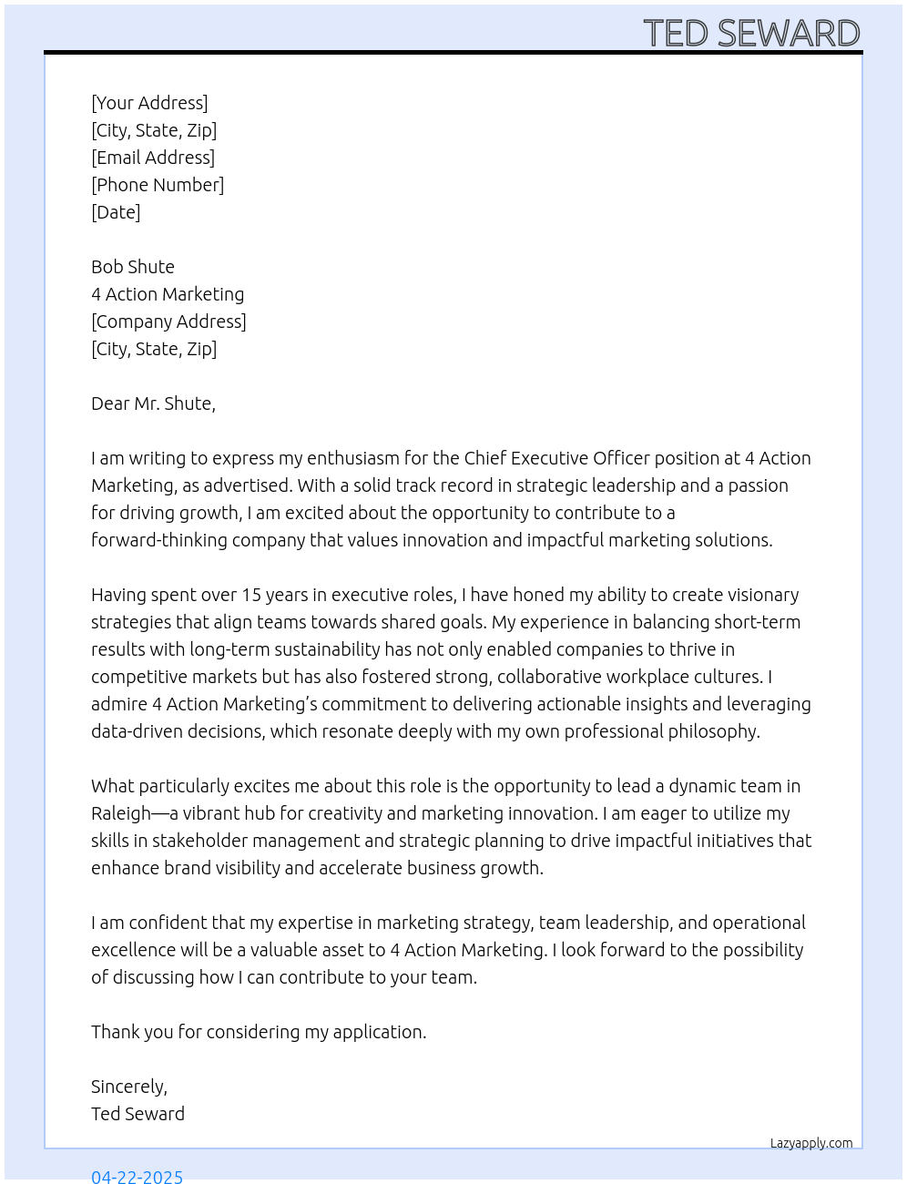 Chief Executive Officer At 4 Action Marketing Cover Letter