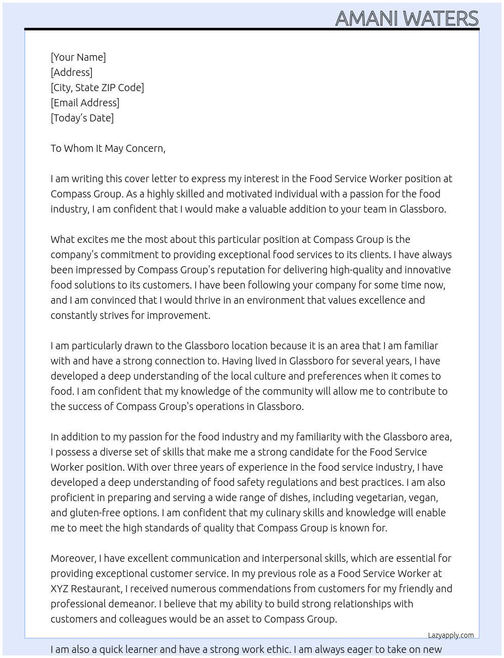 Food Service Worker At Compass Group Cover Letter